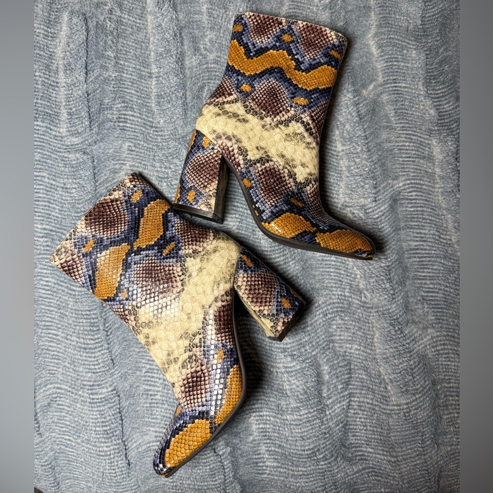 Kaari Blue Multicolor Snakeskin Heeled Boots
